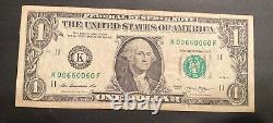 00660060 2013 Matching Binary $1 one Dollar Bill Fancy Serial Number