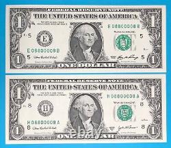 08800008 MATCHING BINARY (0 & 8) $1 One Dollar Bill Serial Number # 22 UNC