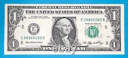 08800080 MATCHING BINARY (0 & 8) $1 One Dollar Bill Serial Number # 10 UNC