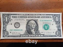 0 1 3 0 6 6 6 0 U. S. One Dollar Bill with Fancy Serial Number (2017 note)