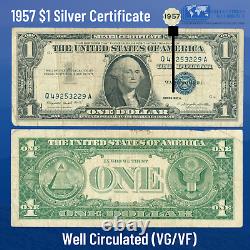 (100) 1957 Blue Seal $1 Dollar Silver Certificate, VG/VF, Old US One Dollar Bill