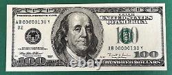 $100 AB 00000130 Y, 1996, Low Serial, fancy bill, unc