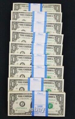 100 New One Dollar Bills J A Series $1 Bank Notes Kansas City Missouri Reserve