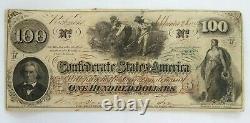 1862 Confederate States $100 One Hundred Dollar Bill Currency Richmond VA