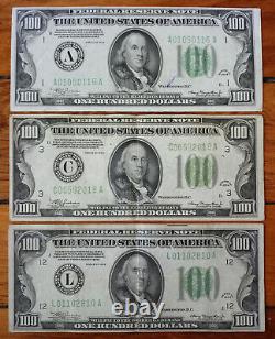 1934 $100 Bill LOT of 3 A C L District Federal Reserve Note One Hundred Dollar
