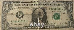 1977, One Dollar Bill Fancy Number S/N 12111111 7 Of A Kind 1s Serial Number