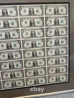 1981 Uncut Sheet 32 $1 One Dollar Bill Federal Reserve Note Uncirculated, Framed