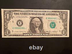 1985 1 One Dollar Note Serial Number 39999991 Rare Fancy 6 of A Kind