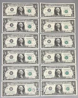 1985 One Dollar Bills $1 COMPLETE DISTRICT SET 12 NOTES Federal Reserve #48072