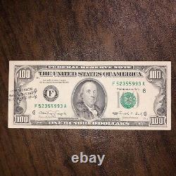 1990 One Hundred Dollar Bill $100 US Federal Reserve Atlanta Note F 52355993A