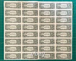 1993 Uncut Sheet Of 32 Uncirculated US One Dollar Bills