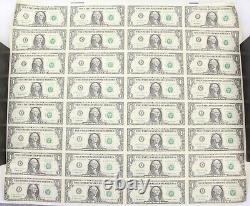 1999 Uncut Sheet 32 $1 One Dollar Bills Currency Federal Reserve Boston AA