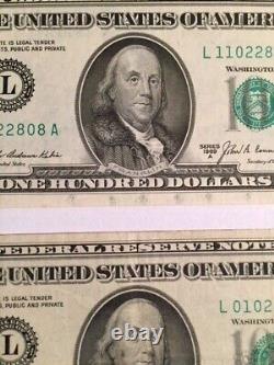 (1) 1963A and (1) 1969A 100 One Hundred Dollar Bills Fed Reserve Notes Old Style