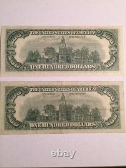 (1) 1963A and (1) 1969A 100 One Hundred Dollar Bills Fed Reserve Notes Old Style