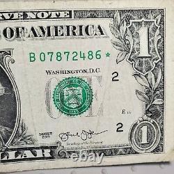 $1 Dollar Star Note Duplicate 2013 B 07872486 RARE One Dollar Bill DC Print