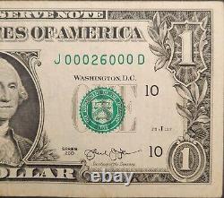 $1 One Dollar Bill Fancy Serial Number 6 OF A KIND 0's Error 00026000 Adds to 8