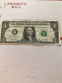 $1 One Dollar Bill Fancy Serial Number Bookend 2 2 2 0 0 1 1 1 EXTREMELY COOL