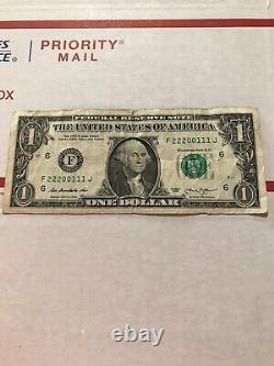 $1 One Dollar Bill Fancy Serial Number Bookend 2 2 2 0 0 1 1 1 EXTREMELY COOL