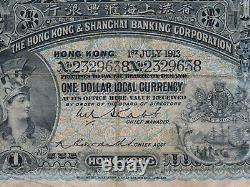 1st July 1913 $1 One Dollar Hong Kong Banknote HSBC Shanghai F Grade Hongkong