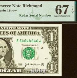 2003 $1 Federal Reserve Note PMG 67EPQ fancy radar serial number 64644646
