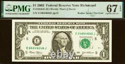 2003 $1 Federal Reserve Note PMG 67EPQ fancy radar serial number 64644646