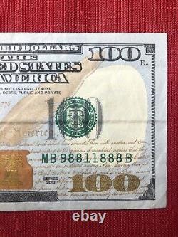 2013 $100 (One Hundred Dollar Bill) Fancy Serial # Near Solid, Repeater, Bookend
