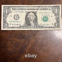 2013 $1 Dollar Bill Star Note B 04754663. Ungraded