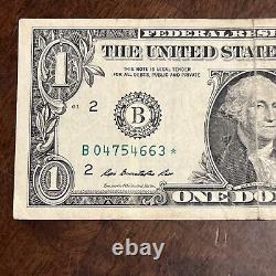 2013 $1 Dollar Bill Star Note B 04754663. Ungraded