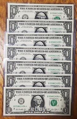 2013 B $1 Star Note Duplicated Serial Number Production Error (7pc) Seqential
