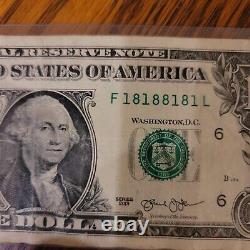 2013 one dollar true binary/repeater radar note/ a coolness rating of 99.63%