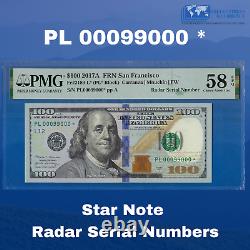 2017A FRN $100 One Hundred Dollars, Star Note Radar Serial 00099000, PMG 58, Rare