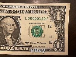 2017A One Dollar Bill Three Digit Low Serial Number 00000120