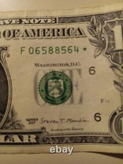 2017 $1.00 Dollar Bill Star Note Error One Green One Outlined Green S/N Rare