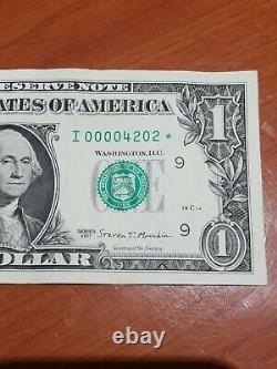 2017 $1 One Dollar Bill I 00004202 Star Note Ultra Low Serial Number