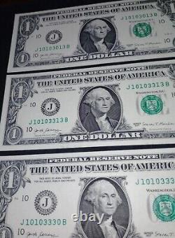 2017 $1 One Dollar Fancy Serial, 3 Bills. 0-1-3. J 10103013 B Super Rare