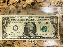 2017 A $1 True Binary US One Dollar Bill Fancy Serial # F 01011100 A