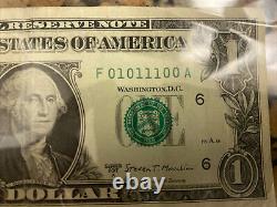 2017 A $1 True Binary US One Dollar Bill Fancy Serial # F 01011100 A