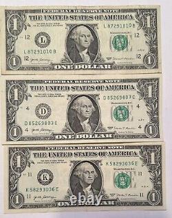 2017 ONE DOLLAR BILL FANCY SERIAL NUMBER With Small Number At The End Error Lot