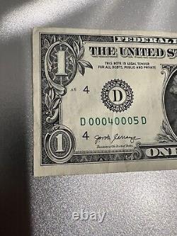 2017 one dollar Note 00040005 Rare Bill