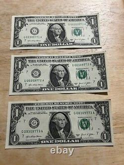 2021 $1 One Dollar Bill Low Serial Numbers Sequence 00309771, 00309772, 00309773