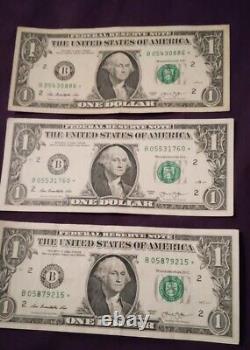 (3) 2013 1 Dollar Star Note Duplicate Serial B New York Washington Fort Worth