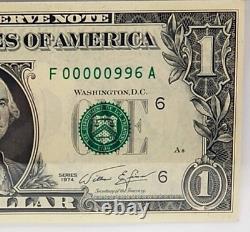 3 Digit Series 1974 Low Fancy Serial Number One Dollar Bills 00000996 0s 9s 6s