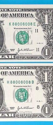 88008008 MATCHING BINARY (0 & 8) $1 One Dollar Bill Serial Number # 5 UNC