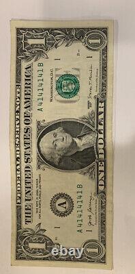 BINARY REPEATER $1 One Dollar Bill SUPER REPEATER 2017 Serial# A 41414141 B