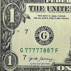 Binary Fancy Serial Number One Dollar Bill G77777887F Six of a Kind 7s 8s I75