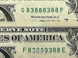 Binary Fancy Serial Number One Dollar Bill Matched Set Six of a Kind 8s Pair 3s