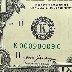 Binary Repeater 0s 9s Fancy Serial Number One Dollar Bill K00090009C Six Kind