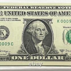 Binary Repeater 0s 9s Fancy Serial Number One Dollar Bill K00090009C Six Kind