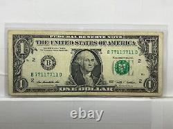 Binary Repeater Fancy Serial Number One Dollar Bill B77117711D 7s 1s DC