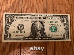 E 00000661 One 1$ Dollar Bill low serial number Star Note Richmond Serie2017